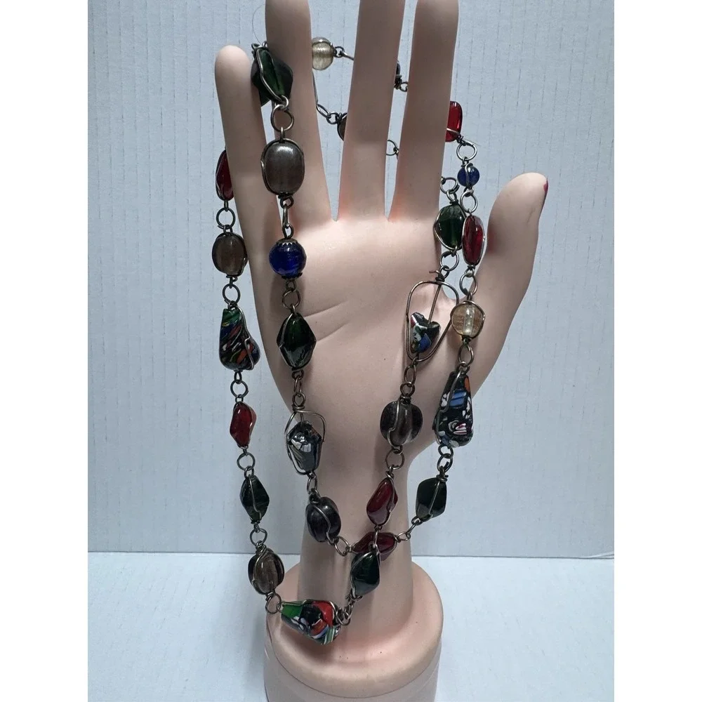 Necklace Multicolor Colorful Stone Glass beads‎ silver tone 36 inches